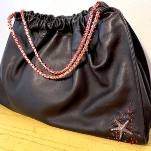 FUSION Black Shoulder Bag Metal and Red Bead Strap and Silver Starfish Medallion